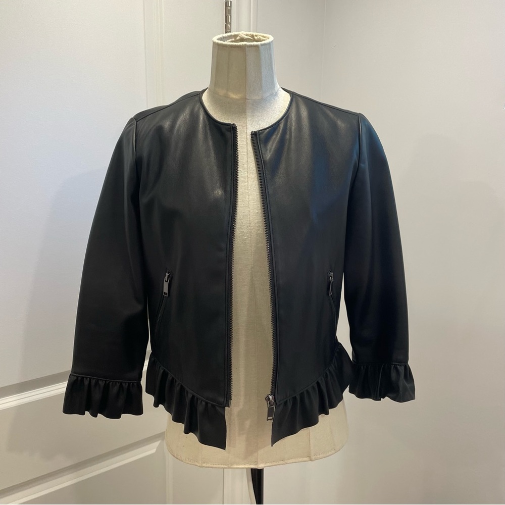 ZARA Black Faux Leather Ruffled Cropped Jacket Medium-Like new!